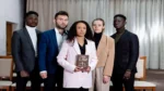 AI chats used as court evidence — real photo of five professionals, one holding a book titled The Law