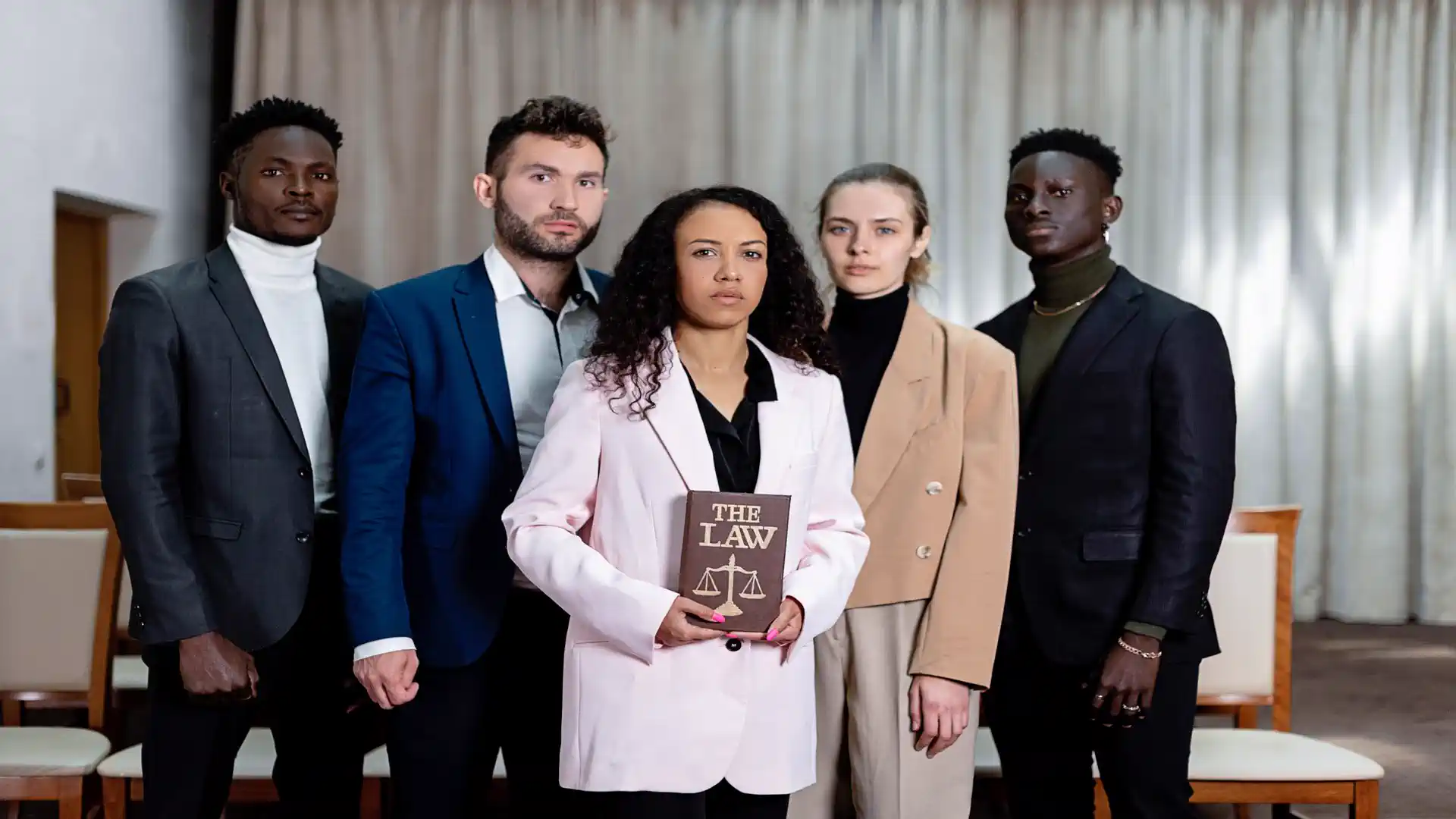 AI chats used as court evidence — real photo of five professionals, one holding a book titled The Law