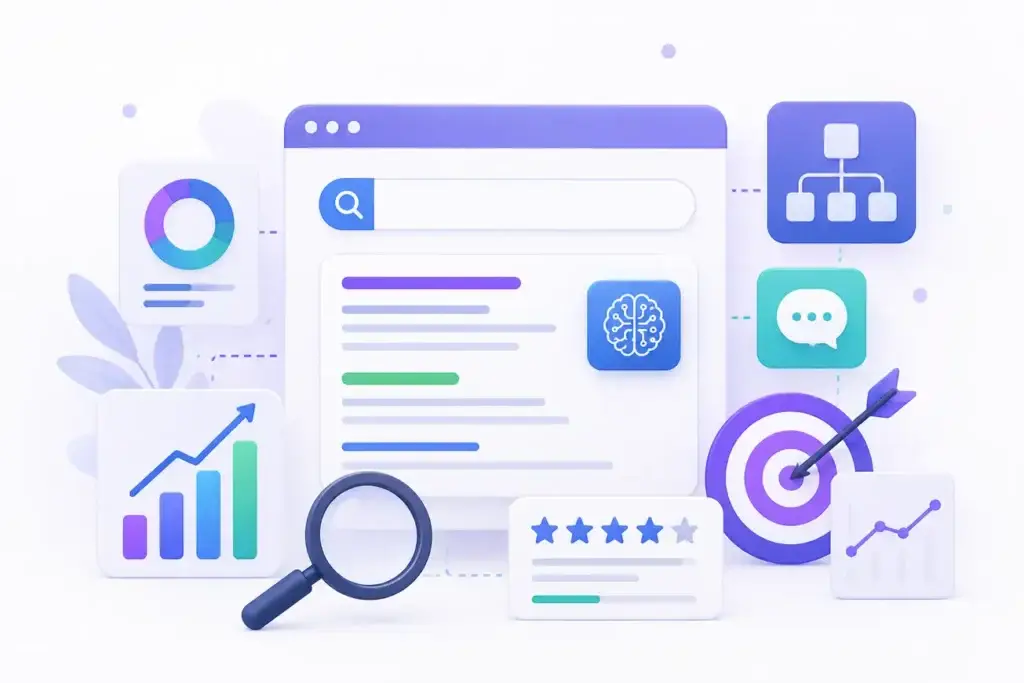 AI search optimization process with search results, analytics, AI technology, and ranking growth