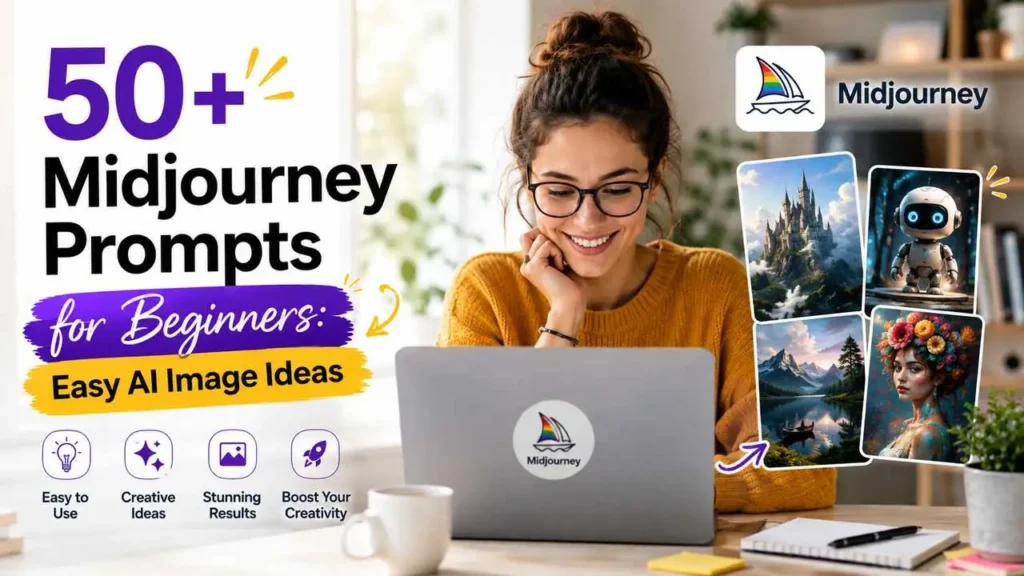 50+ Midjourney prompts for beginners with a woman creating AI images on a laptop