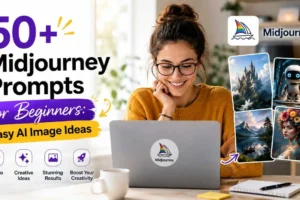 50+ Midjourney prompts for beginners with a woman creating AI images on a laptop