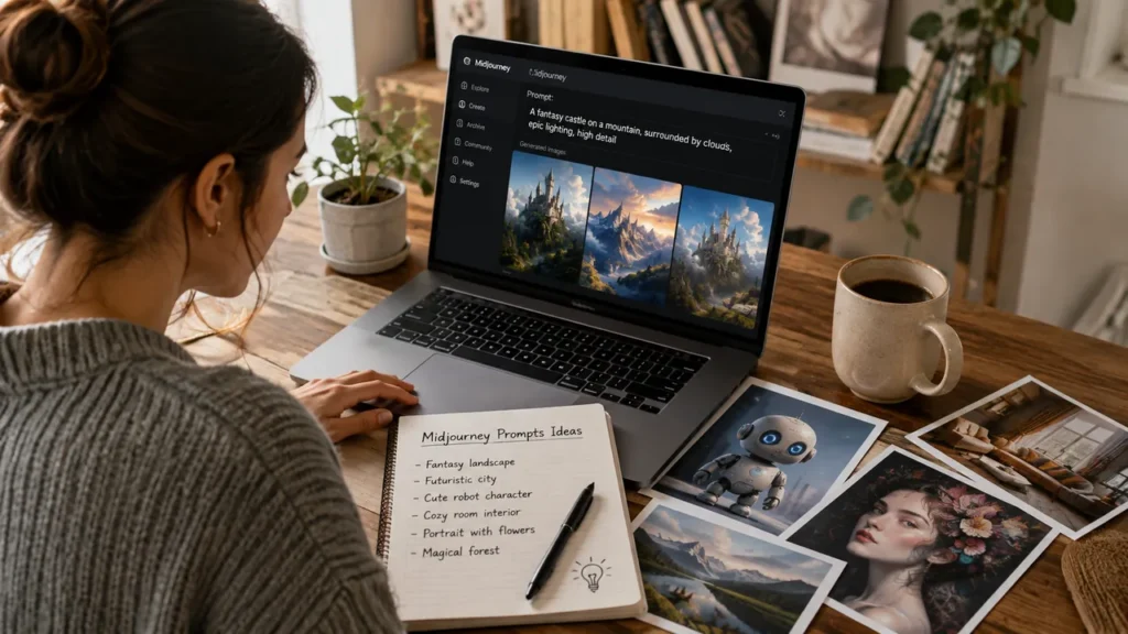 Woman using a laptop to explore Midjourney prompts with AI-generated images on a creative workspace