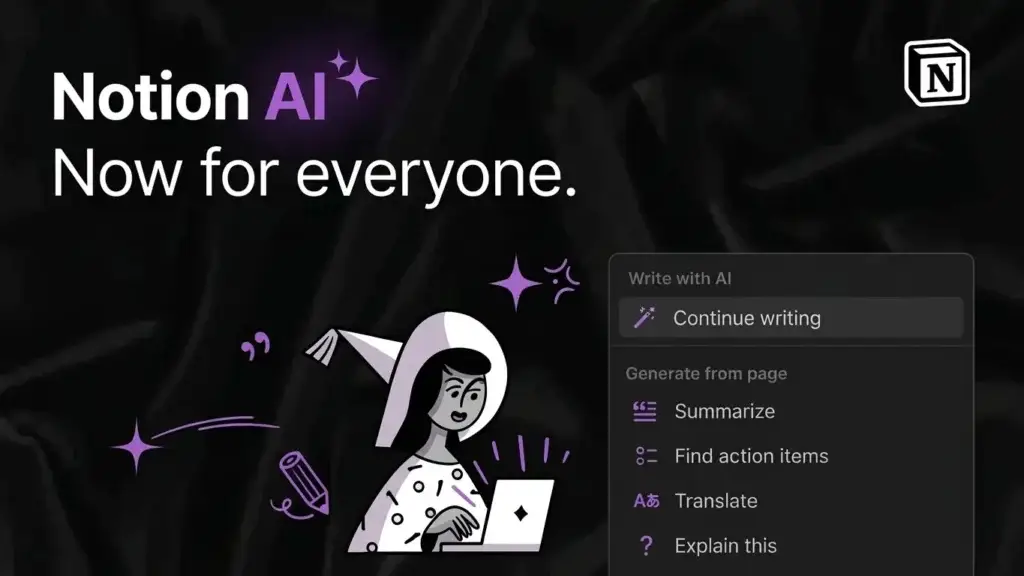 Dark promo banner for Notion AI titled "Notion AI - Now for everyone." Features an illustration of a character at a laptop alongside a Notion dark-mode menu showcasing AI writing and summary tools.