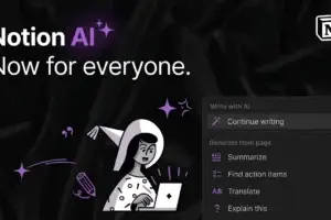 Dark promo banner for Notion AI titled "Notion AI - Now for everyone." Features an illustration of a character at a laptop alongside a Notion dark-mode menu showcasing AI writing and summary tools.