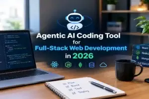 Agentic AI coding tool for full-stack web development in 2026, shown with a laptop displaying code and icons for React, Node.js, MongoDB, database, and cloud technologies.