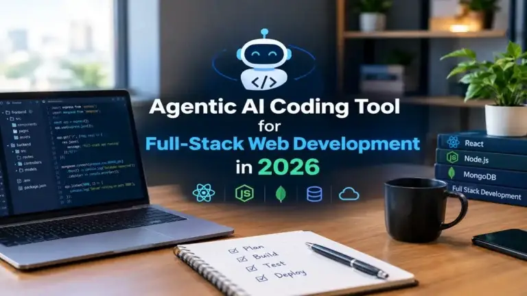 Agentic AI coding tool for full-stack web development in 2026, shown with a laptop displaying code and icons for React, Node.js, MongoDB, database, and cloud technologies.