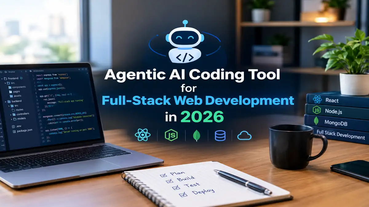 Agentic AI coding tool for full-stack web development in 2026, shown with a laptop displaying code and icons for React, Node.js, MongoDB, database, and cloud technologies.
