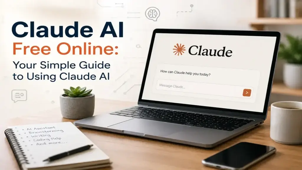 Claude AI free online guide shown on a laptop with the Claude interface on screen.