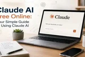 Claude AI free online guide shown on a laptop with the Claude interface on screen.