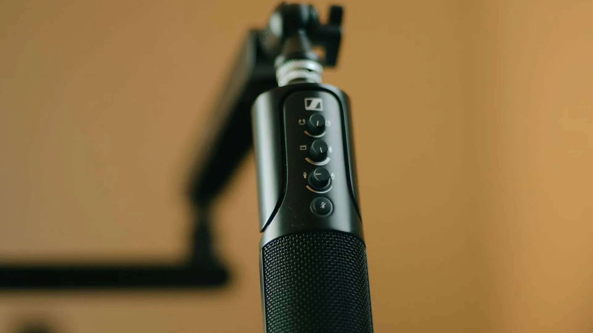 Professional microphone in a studio for podcast and voice recording