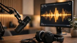 AI podcast editing tools free - podcast studio with microphone and audio waveform