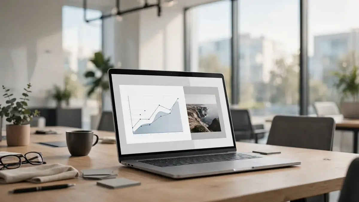 Best free AI presentation makers - elegant slides on a laptop in a conference room