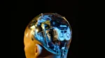 artificial intelligence versus machine learning — close-up of a humanoid robot head with visible internal mechanical parts and wiring
