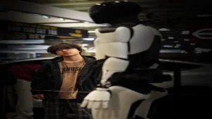 Humanoid robots shipped 2026 report — real photo of a white and black humanoid robot on display at an exhibition with a visitor beside it