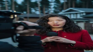 AI interview transcription software — real photo of a woman in a red coat being interviewed outdoors, holding a microphone while a camera films her