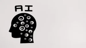 Mistral Large 4 model explained — real photo of a black-and-white paper-cut artwork showing a head silhouette filled with eyeballs under the word AI
