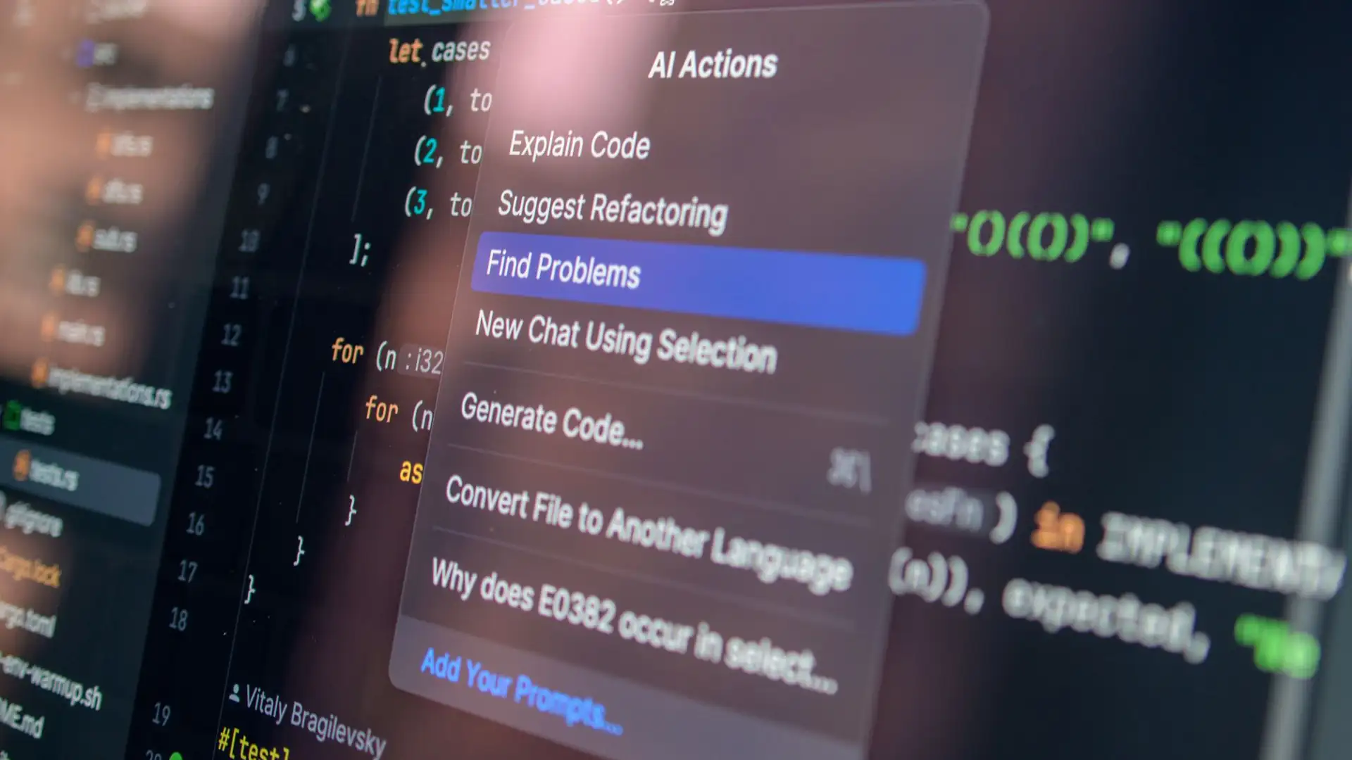 A code editor showing an AI Actions menu with options like Explain Code and Generate Code.